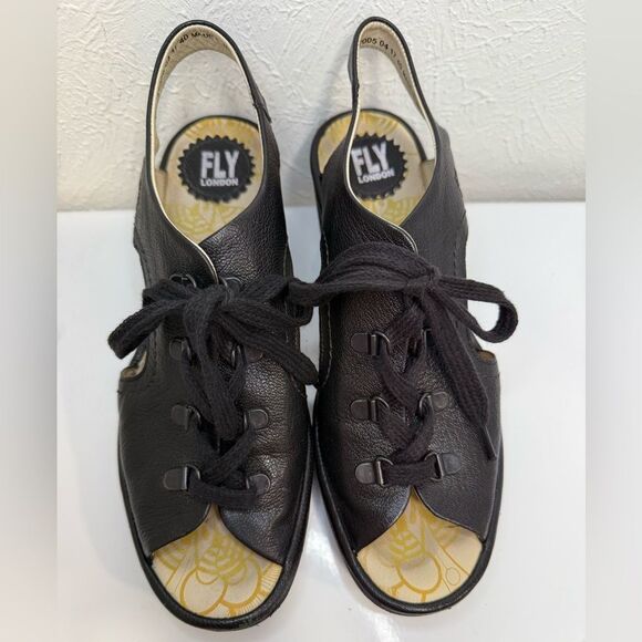 Fly London Leather Lace-Up Wedge Sandals YLFA – Black – Size 40 (US 9-9.5) - Picture 3 of 9
